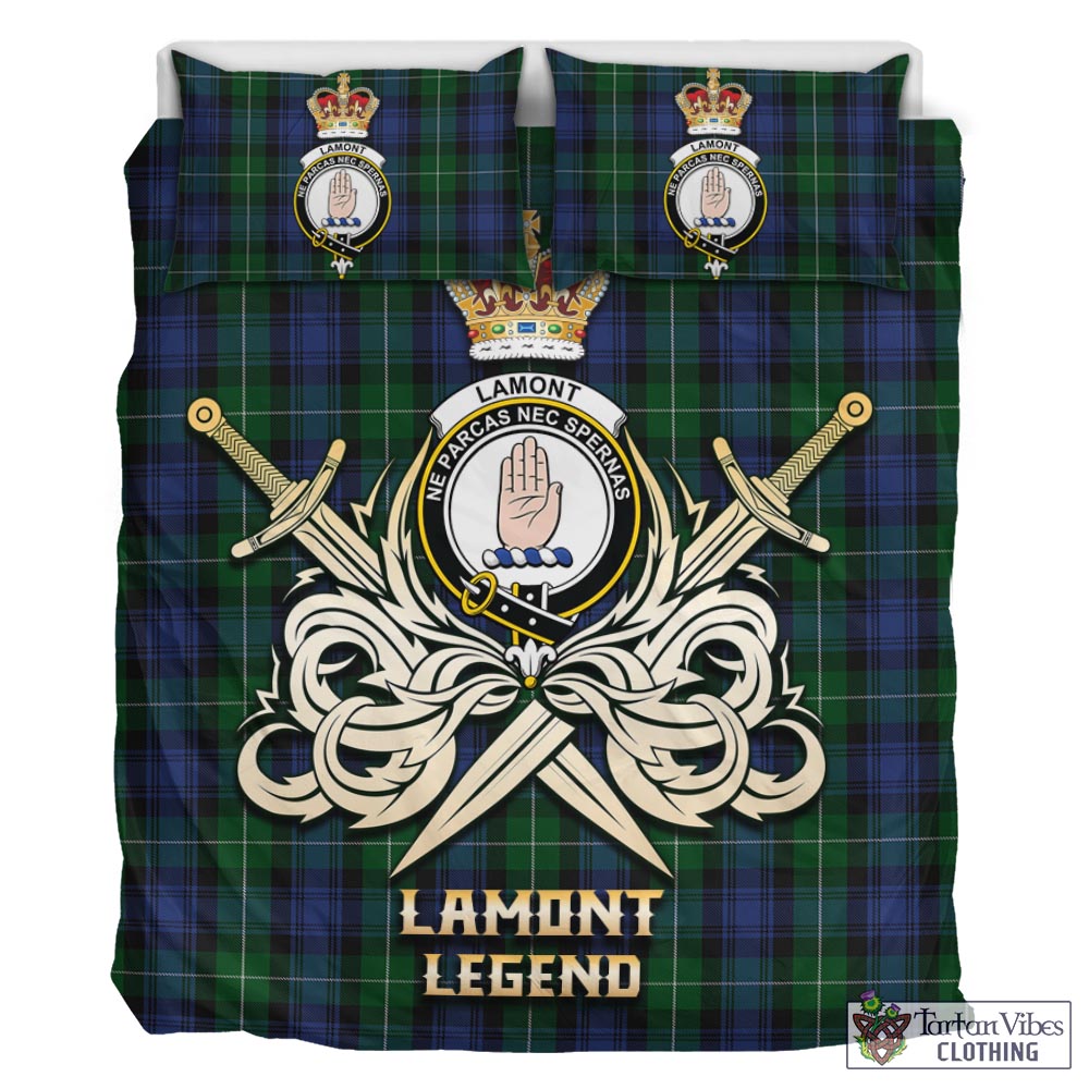 Tartan Vibes Clothing Lamont #2 Tartan Bedding Set with Clan Crest and the Golden Sword of Courageous Legacy