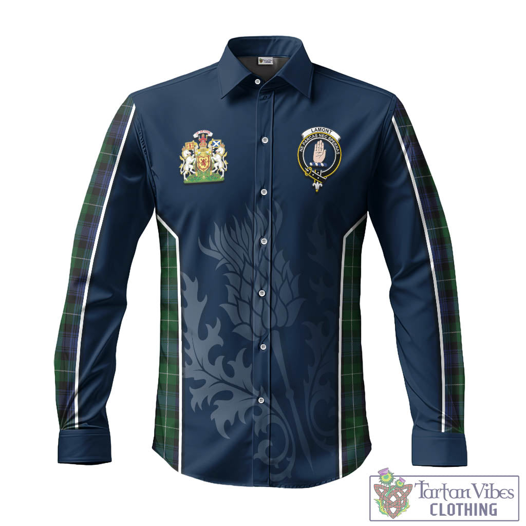 Tartan Vibes Clothing Lamont #2 Tartan Long Sleeve Button Up Shirt with Family Crest and Scottish Thistle Vibes Sport Style