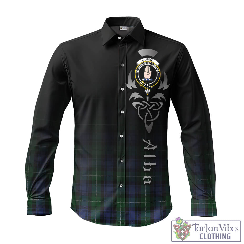 Tartan Vibes Clothing Lamont #2 Tartan Long Sleeve Button Up Featuring Alba Gu Brath Family Crest Celtic Inspired