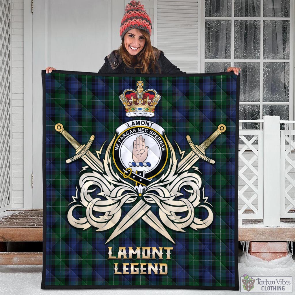 Tartan Vibes Clothing Lamont #2 Tartan Quilt with Clan Crest and the Golden Sword of Courageous Legacy