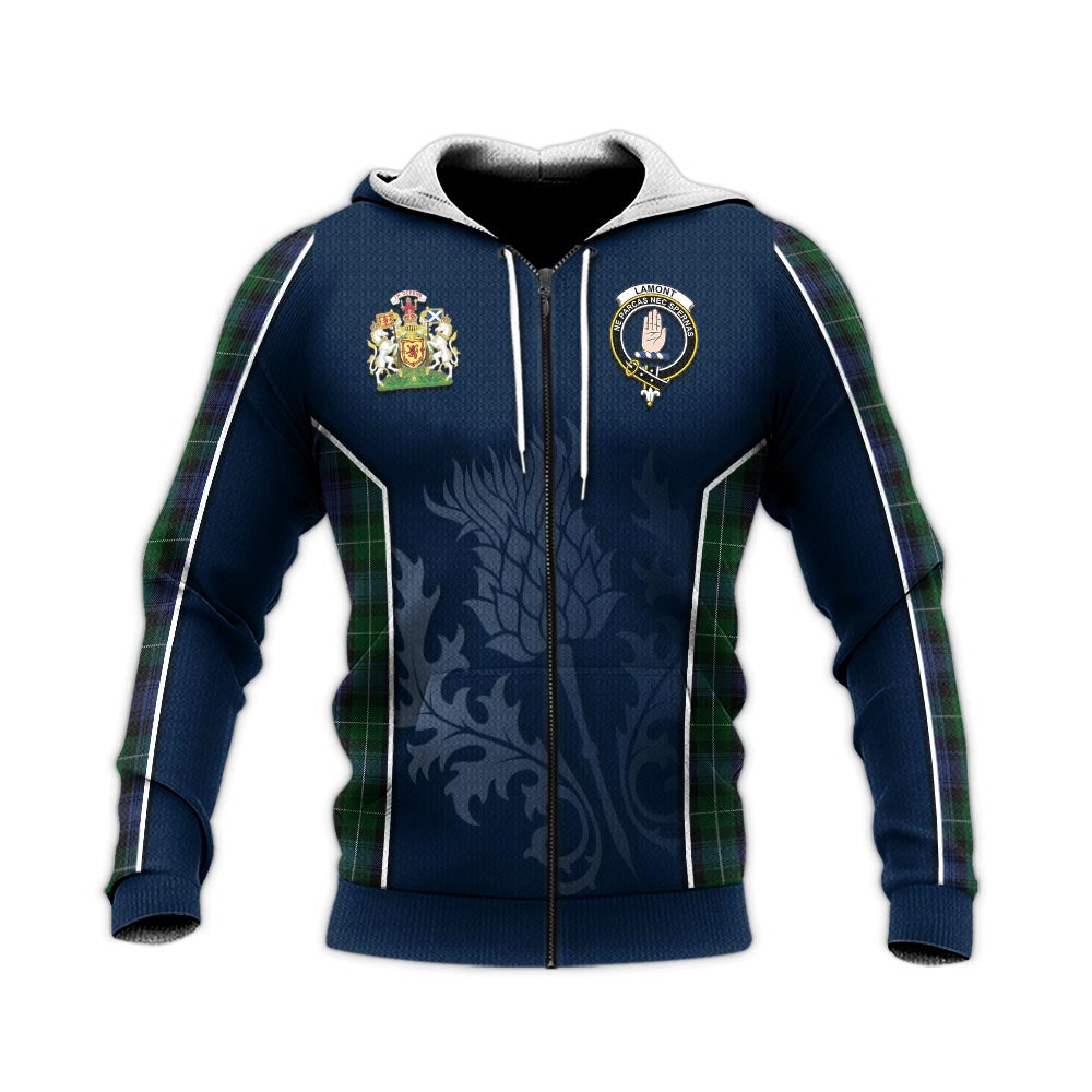 Tartan Vibes Clothing Lamont #2 Tartan Knitted Hoodie with Family Crest and Scottish Thistle Vibes Sport Style