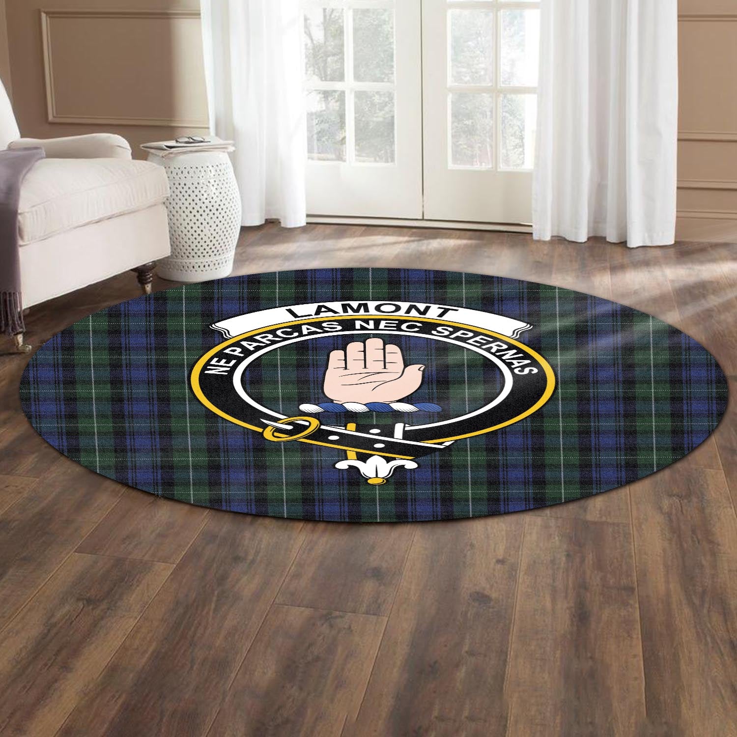 lamont-2-tartan-round-rug-with-family-crest