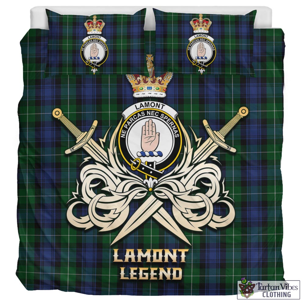 Tartan Vibes Clothing Lamont #2 Tartan Bedding Set with Clan Crest and the Golden Sword of Courageous Legacy