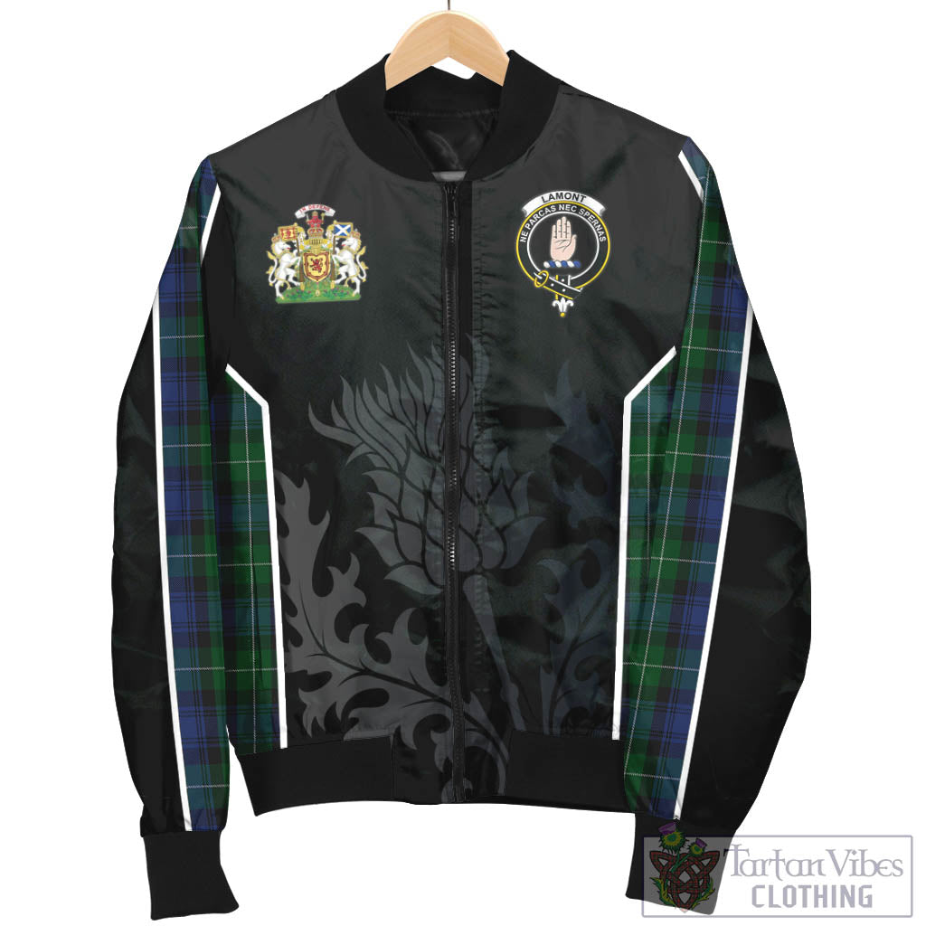 Tartan Vibes Clothing Lamont #2 Tartan Bomber Jacket with Family Crest and Scottish Thistle Vibes Sport Style