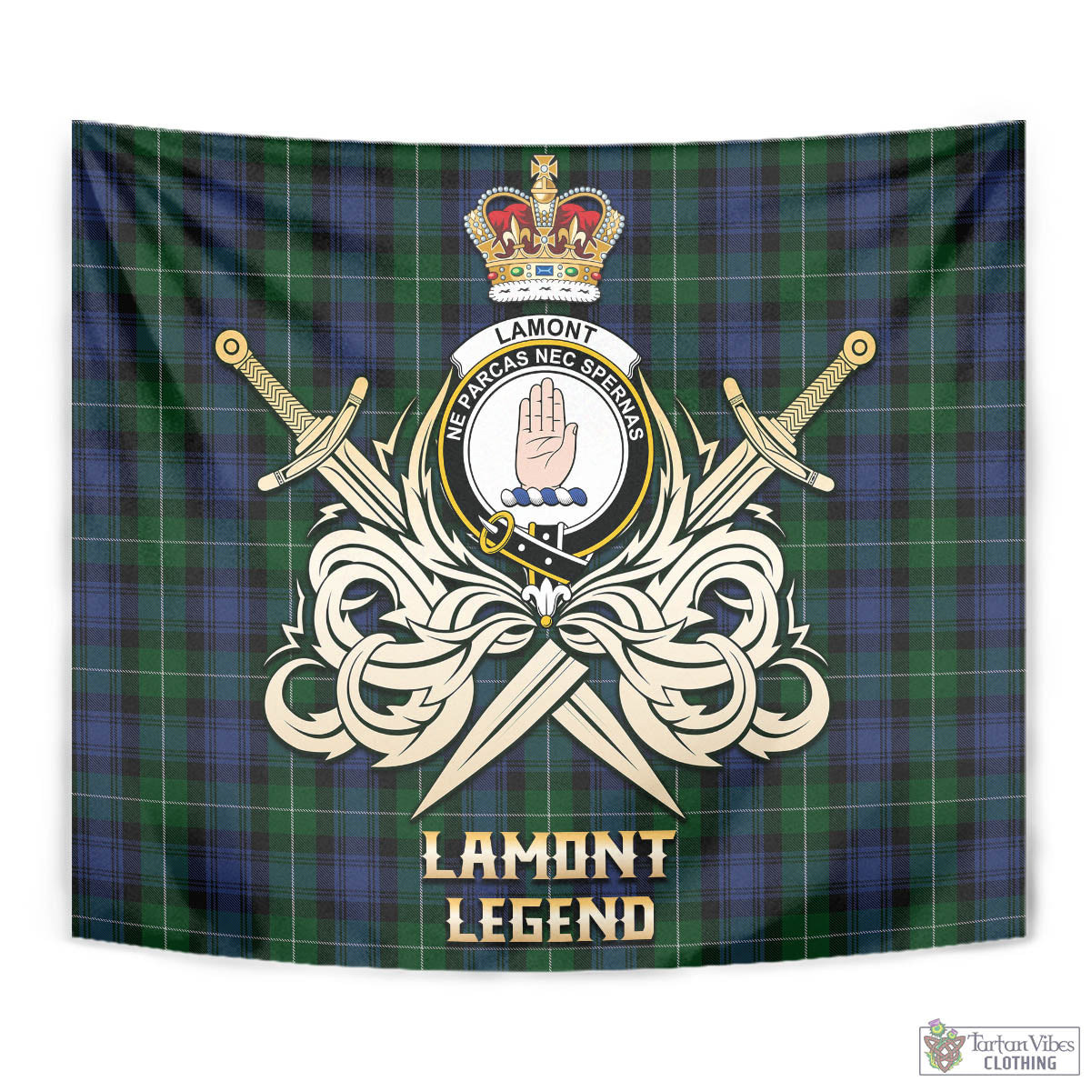 Tartan Vibes Clothing Lamont #2 Tartan Tapestry with Clan Crest and the Golden Sword of Courageous Legacy