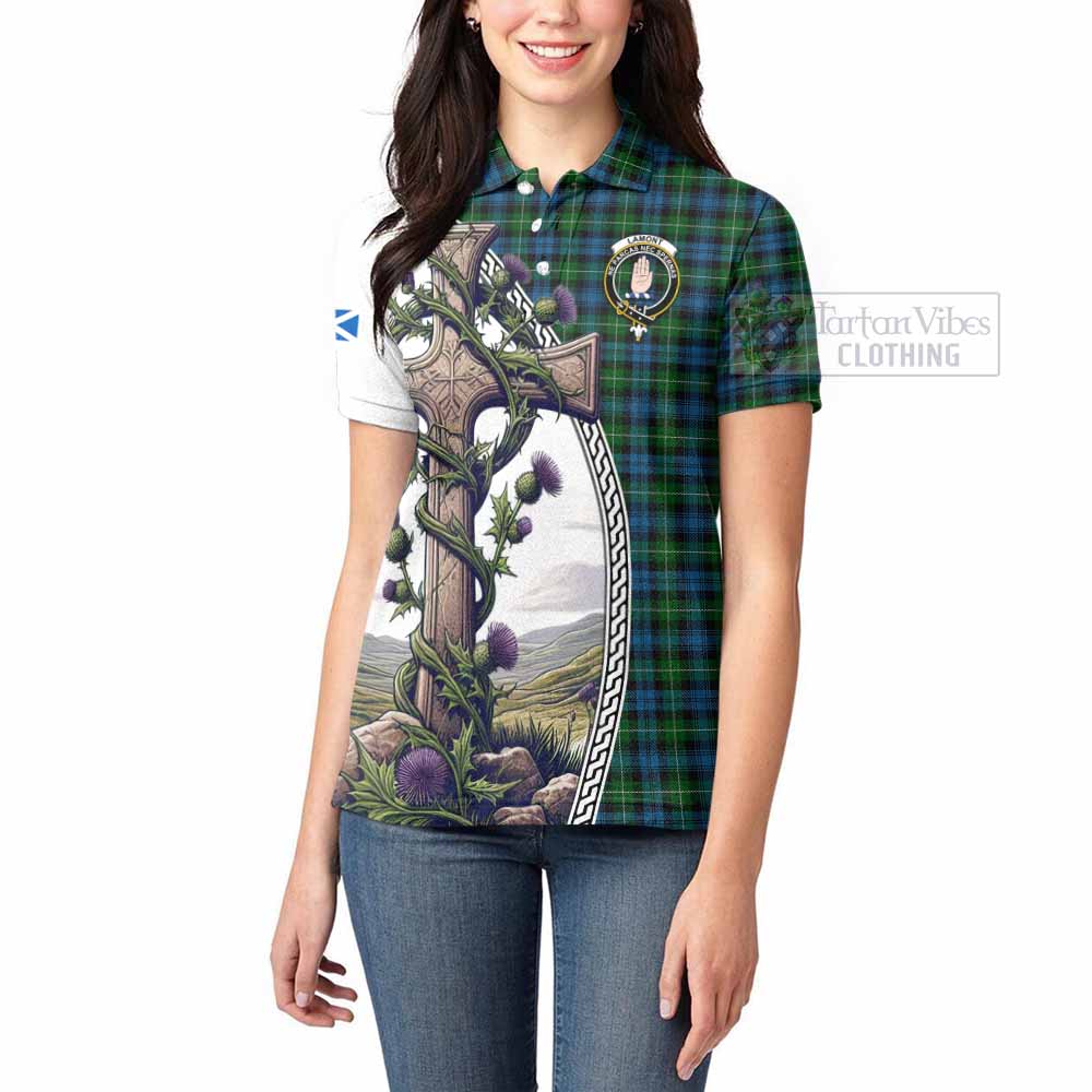 Tartan Vibes Clothing Lamont Tartan Women's Polo Shirt with Family Crest and St. Andrew's Cross Accented by Thistle Vines