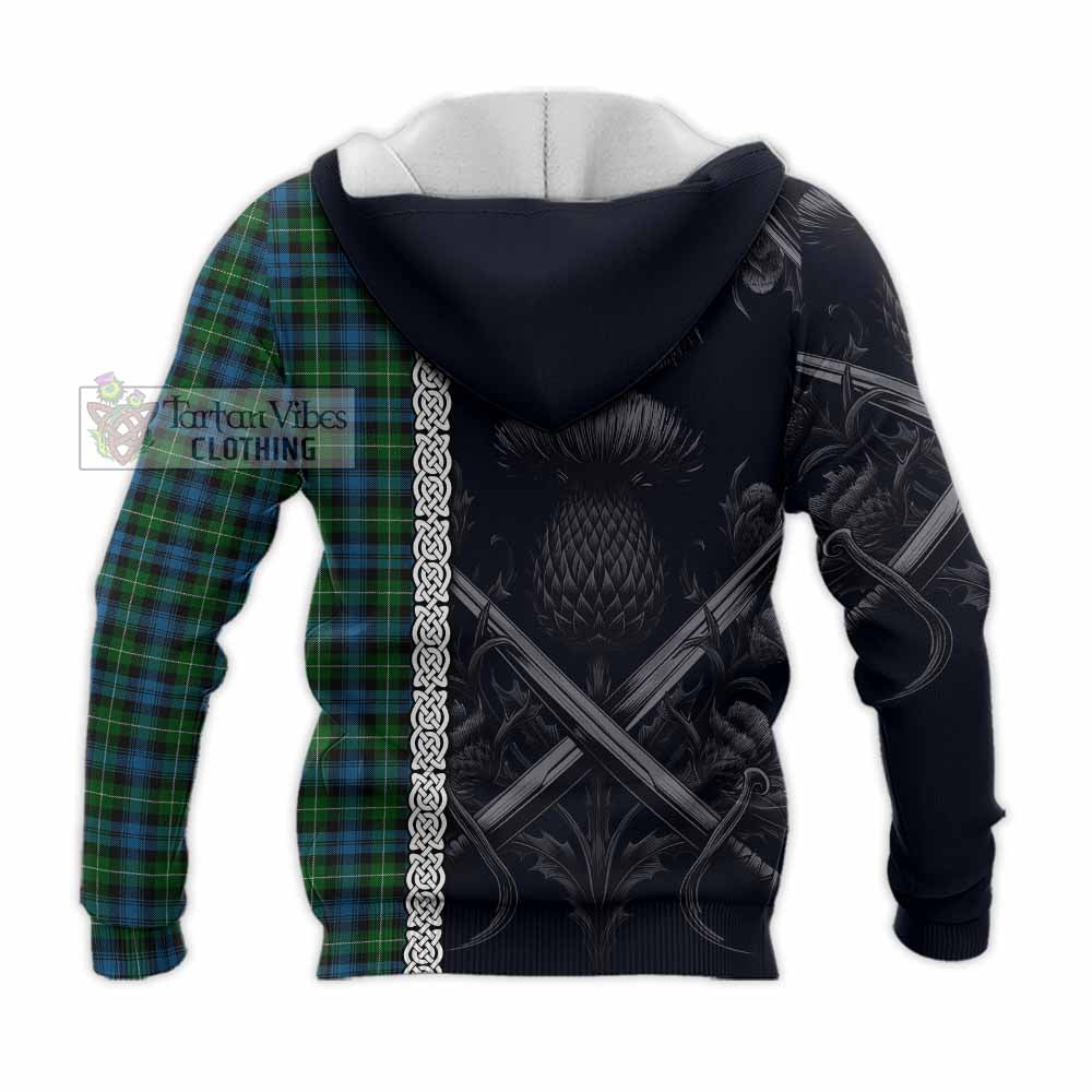 Tartan Vibes Clothing Lamont Tartan Knitted Hoodie with Family Crest Cross Sword Thistle Celtic Vibes