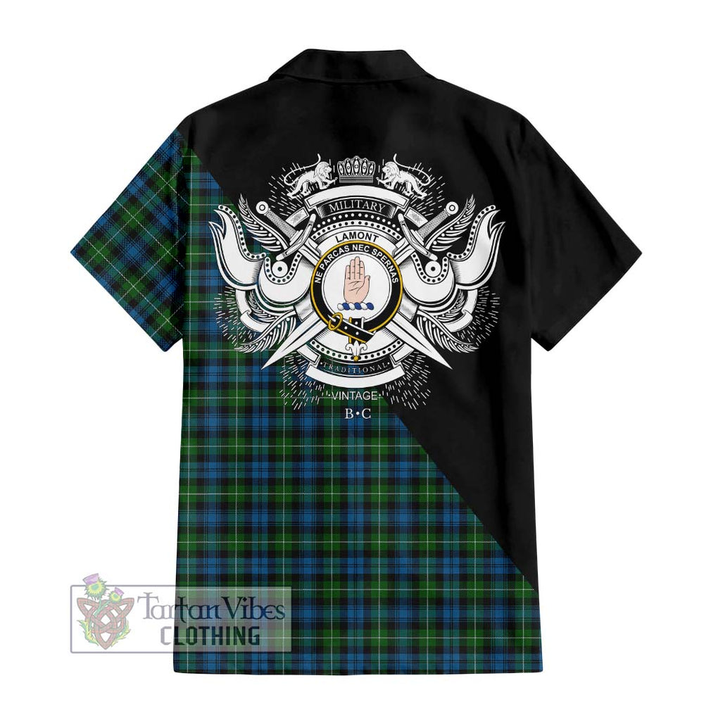 Lamont Tartan Short Sleeve Button Shirt with Family Crest and Military Logo Style - Tartanvibesclothing Shop