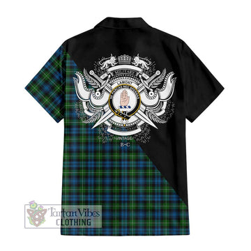 Lamont Tartan Short Sleeve Button Shirt with Family Crest and Military Logo Style