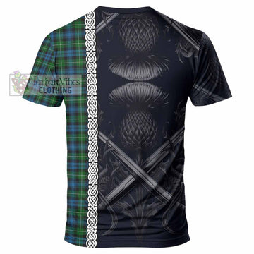 Lamont Tartan T-Shirt with Family Crest Cross Sword Thistle Celtic Vibes