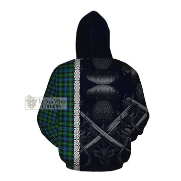 Lamont Tartan Cotton Hoodie with Family Crest Cross Sword Thistle Celtic Vibes