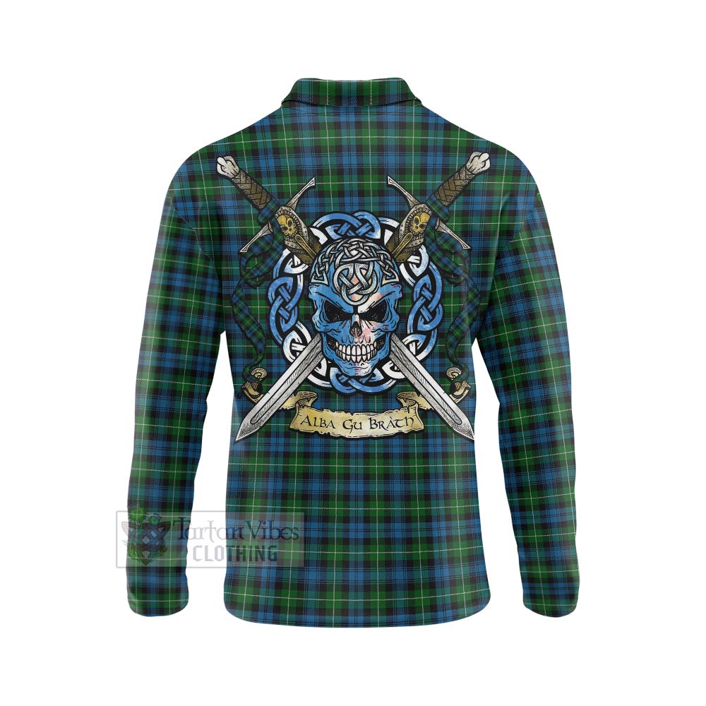 Tartan Vibes Clothing Lamont Tartan Long Sleeve Polo Shirt with Family Crest Celtic Skull Style