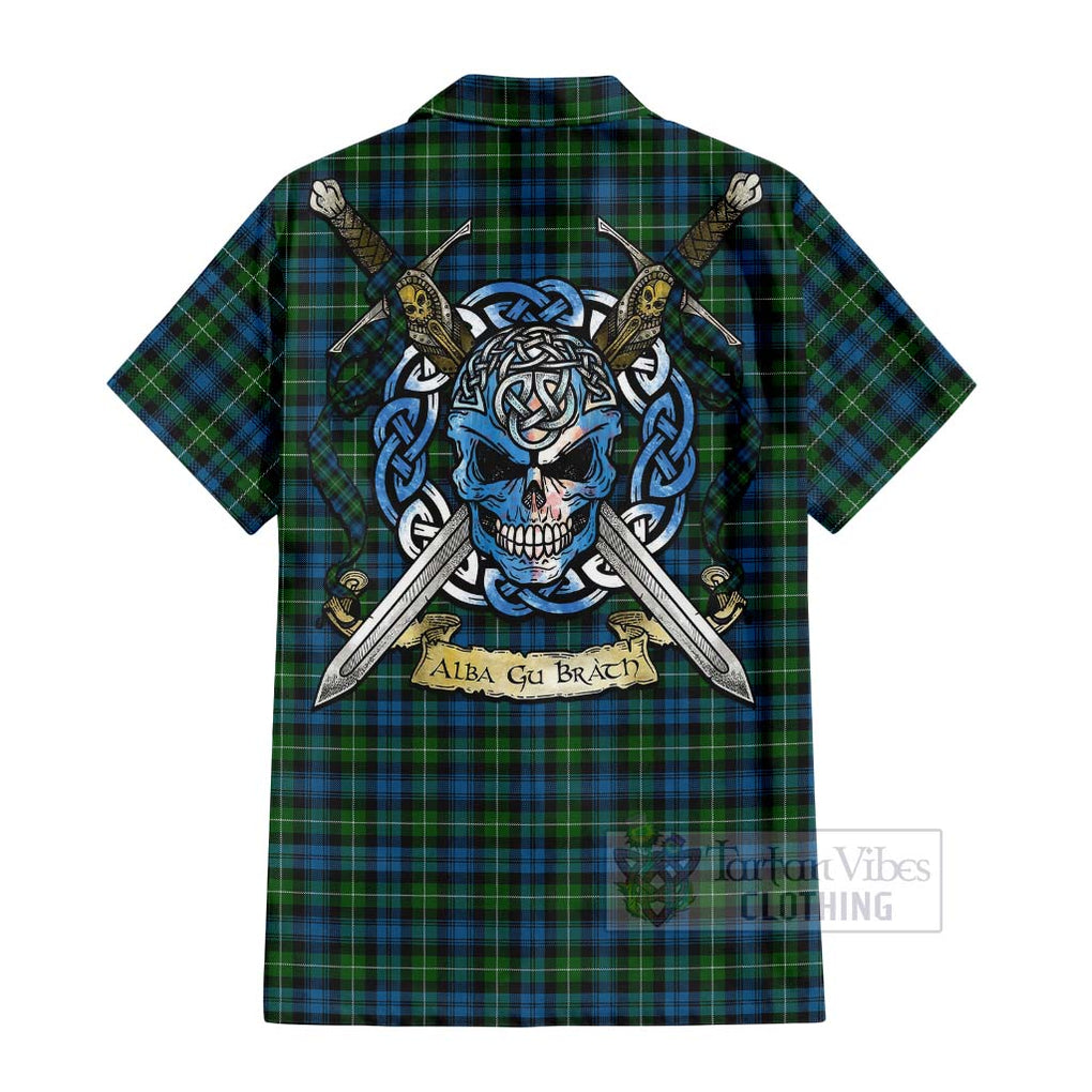 Tartan Vibes Clothing Lamont Tartan Short Sleeve Button Shirt with Family Crest Celtic Skull Style