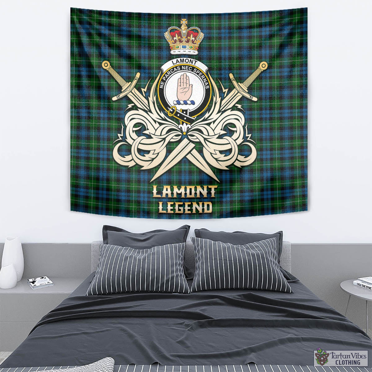 Tartan Vibes Clothing Lamont Tartan Tapestry with Clan Crest and the Golden Sword of Courageous Legacy