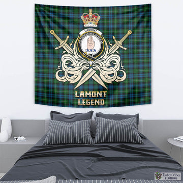 Lamont Tartan Tapestry with Clan Crest and the Golden Sword of Courageous Legacy