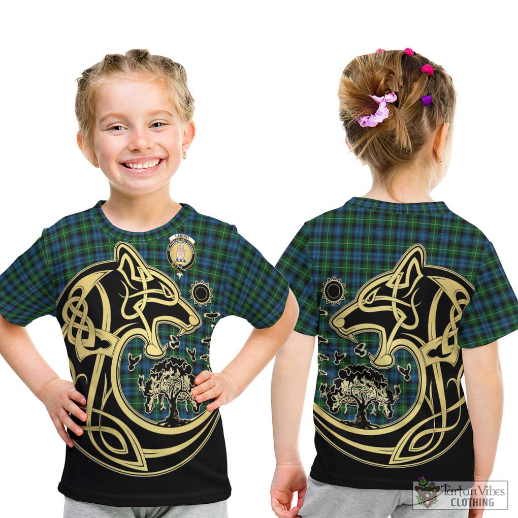 Lamont Tartan Kid T-Shirt with Family Crest Celtic Wolf Style - Tartan Vibes Clothing