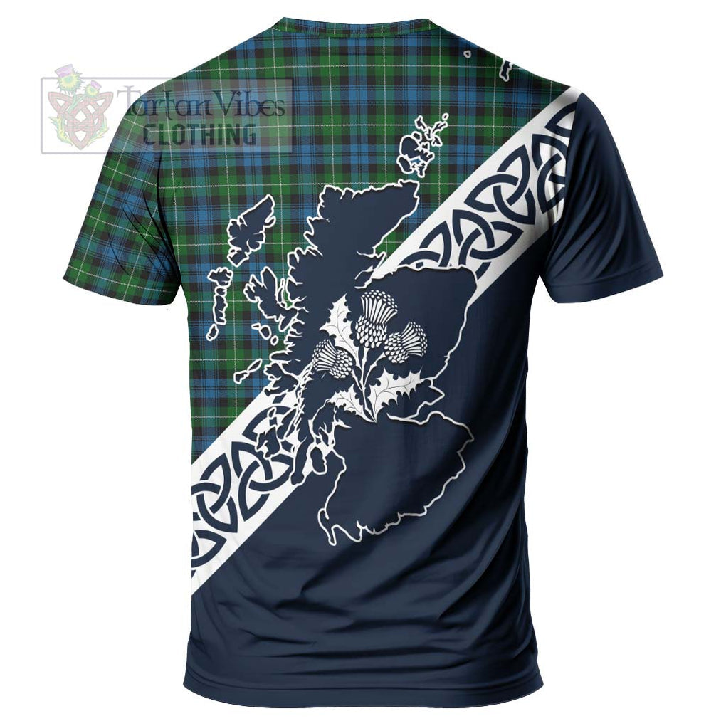 Lamont Tartan T-Shirt Featuring Thistle and Scotland Map