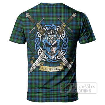 Lamont Tartan T-Shirt with Family Crest Celtic Skull Style