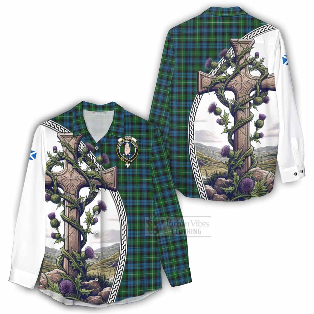 Tartan Vibes Clothing Lamont Tartan Women's Casual Shirt with Family Crest and St. Andrew's Cross Accented by Thistle Vines