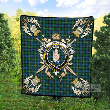 Lamont Tartan Quilt with Family Crest and Golden Thistle Crossed Sword Design