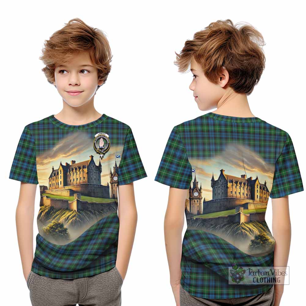 Lamont Tartan Family Crest Kid T-Shirt with Scottish Ancient Castle Style - Tartan Vibes Clothing