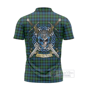 Lamont Tartan Zipper Polo Shirt with Family Crest Celtic Skull Style