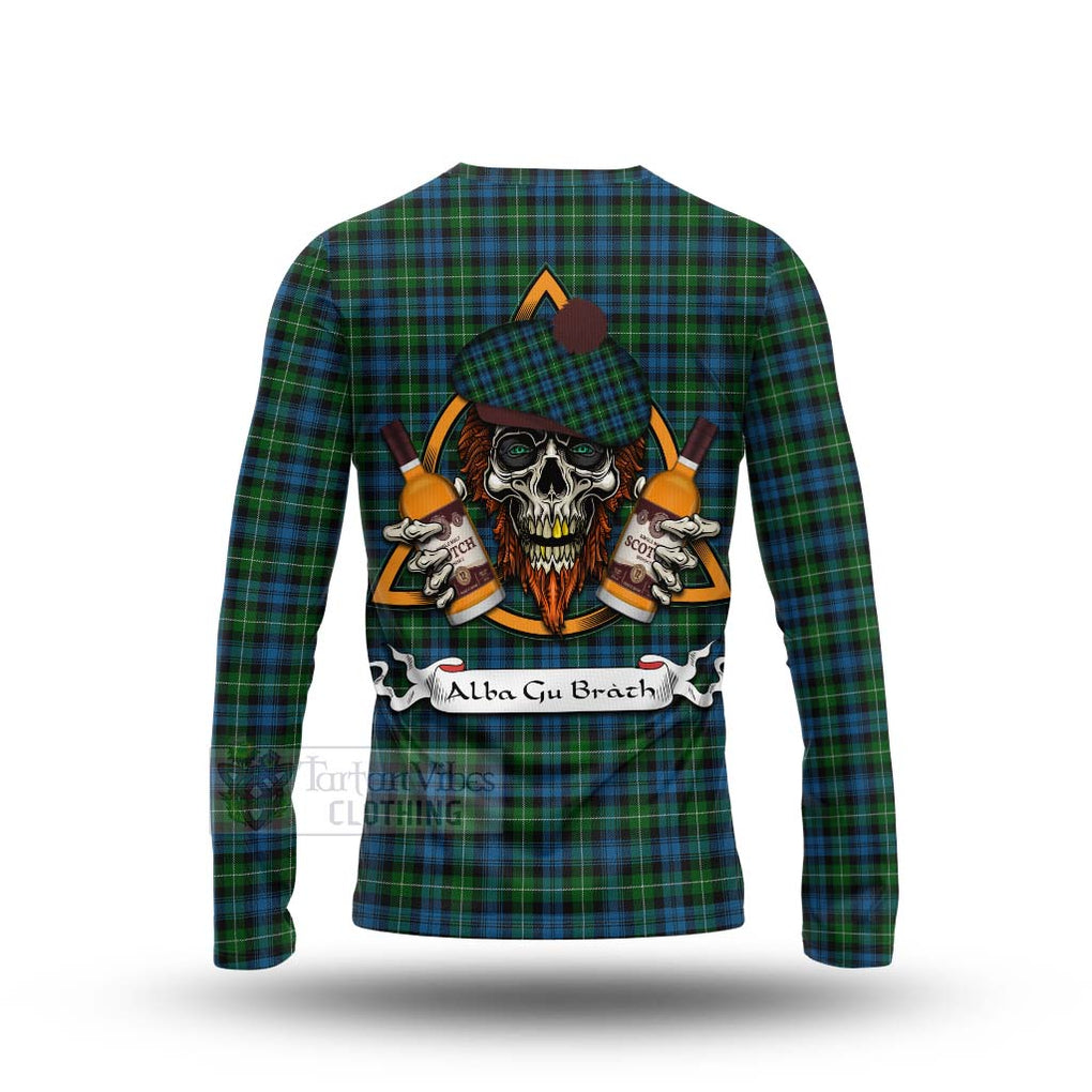 Tartan Vibes Clothing Lamont Tartan Long Sleeve T-Shirt with Family Crest and Bearded Skull Holding Bottles of Whiskey