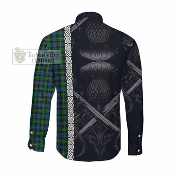 Lamont Tartan Long Sleeve Button Shirt with Family Crest Cross Sword Thistle Celtic Vibes