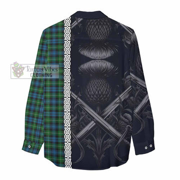 Lamont Tartan Women's Casual Shirt with Family Crest Cross Sword Thistle Celtic Vibes