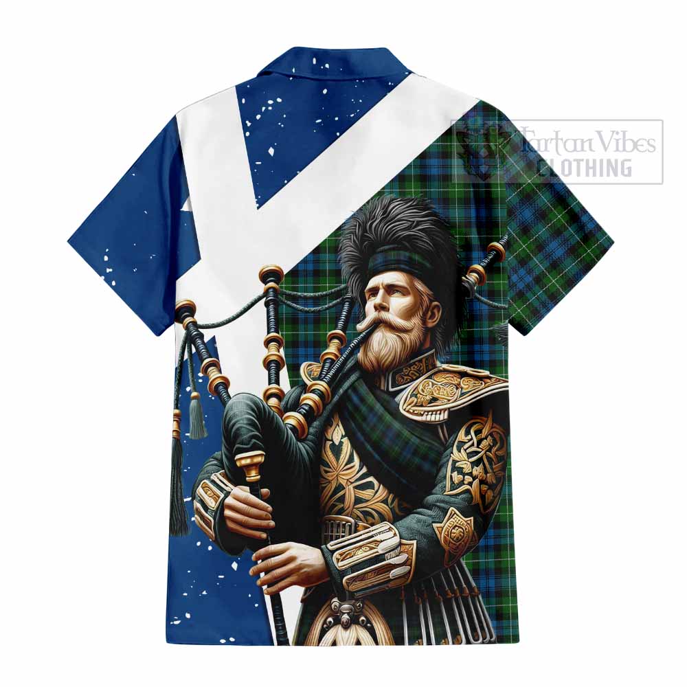 Tartan Vibes Clothing Lamont Tartan Short Sleeve Button Shirt with Family Crest Scottish Bagpiper Vibes