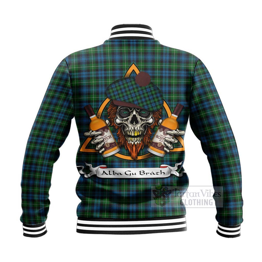 Tartan Vibes Clothing Lamont Tartan Baseball Jacket with Family Crest and Bearded Skull Holding Bottles of Whiskey