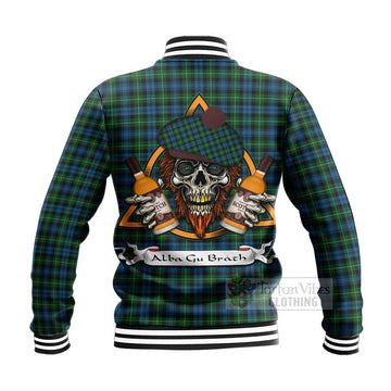 Lamont Tartan Baseball Jacket with Family Crest and Bearded Skull Holding Bottles of Whiskey