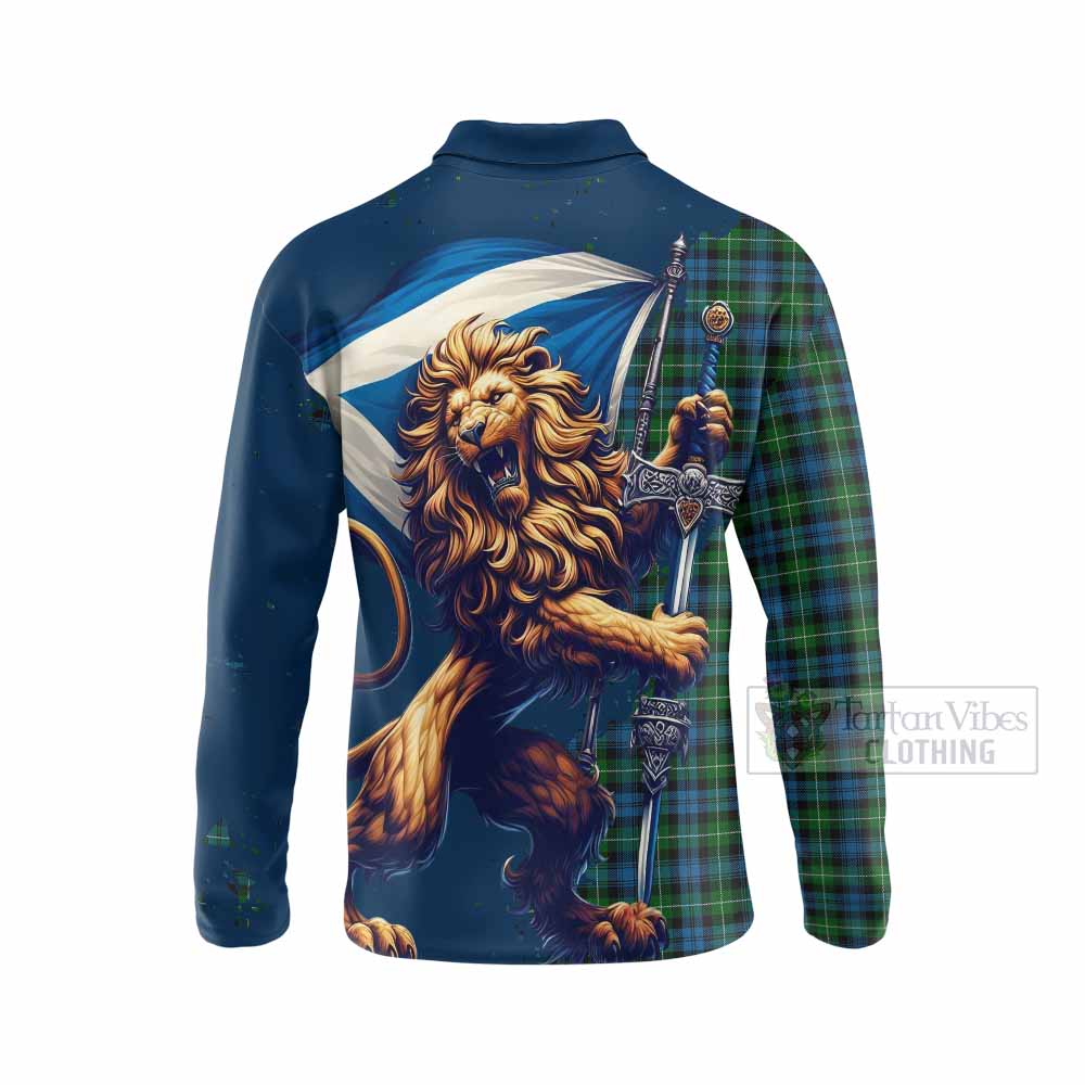 Tartan Vibes Clothing Lamont Tartan Family Crest Long Sleeve Polo Shirt with Scottish Majestic Lion