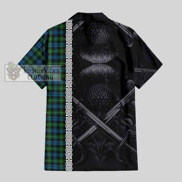 Lamont Tartan Short Sleeve Button Shirt with Family Crest Cross Sword Thistle Celtic Vibes