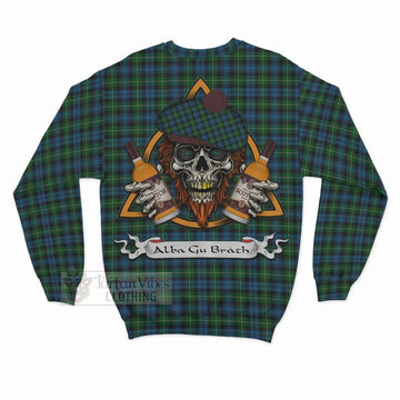 Lamont Tartan Sweatshirt with Family Crest and Bearded Skull Holding Bottles of Whiskey