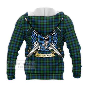 Lamont Tartan Knitted Hoodie with Family Crest Celtic Skull Style