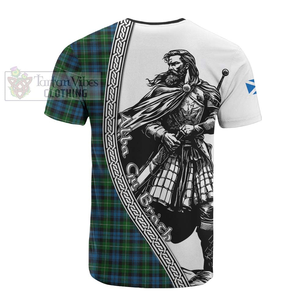 Lamont Tartan Clan Crest Cotton T-shirt with Highlander Warrior Celtic Style