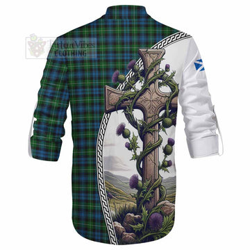 Lamont Tartan Ghillie Kilt Shirt with Family Crest and St. Andrew's Cross Accented by Thistle Vines