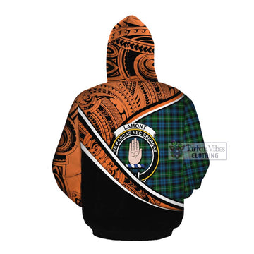 Lamont Crest Tartan Cotton Hoodie with Polynesian Vibes Style - Orange Version