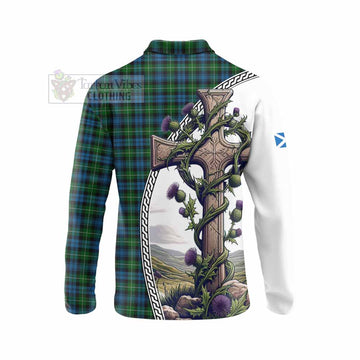 Lamont Tartan Long Sleeve Polo Shirt with Family Crest and St. Andrew's Cross Accented by Thistle Vines