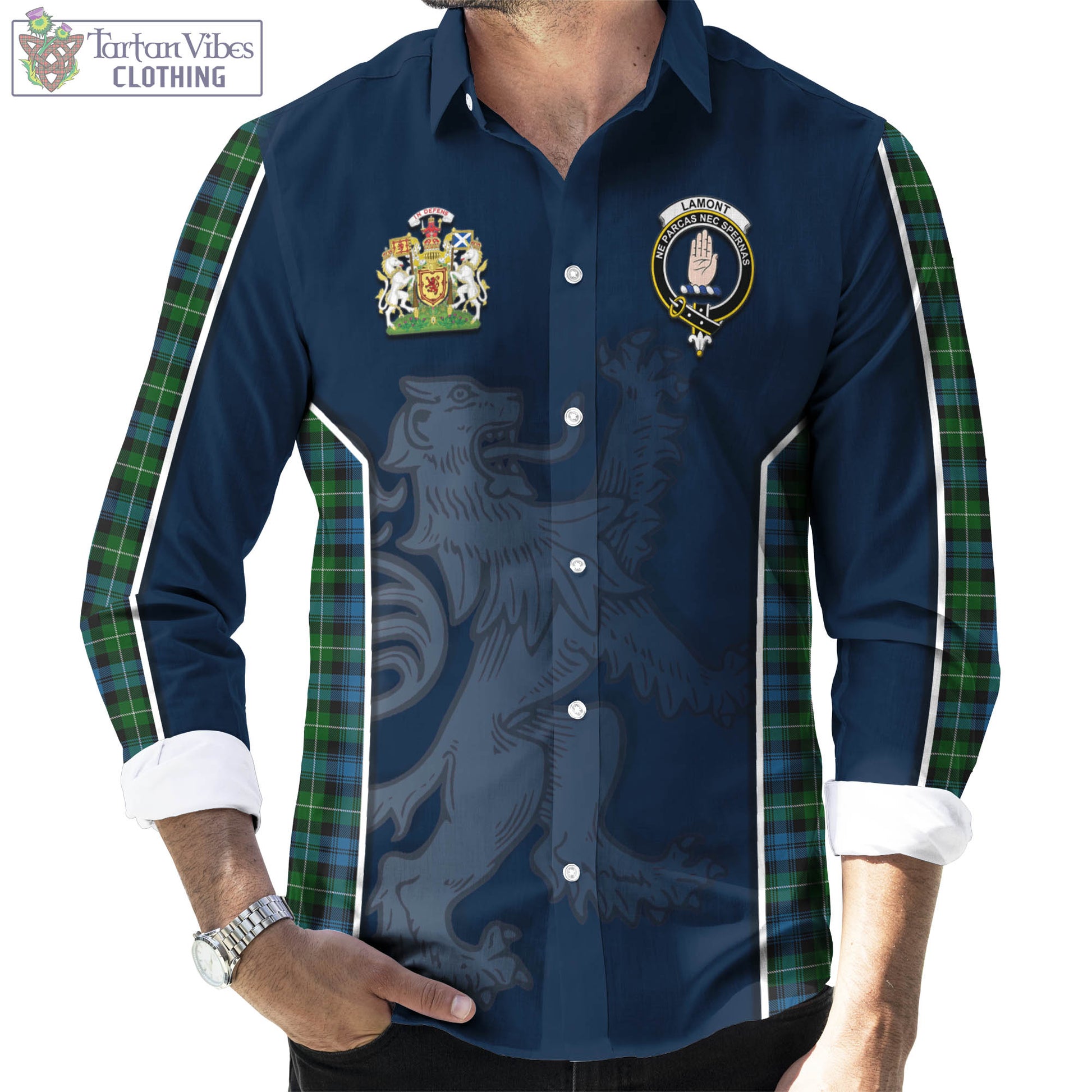 Tartan Vibes Clothing Lamont Tartan Long Sleeve Button Up Shirt with Family Crest and Lion Rampant Vibes Sport Style