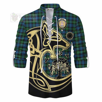 Lamont Tartan Ghillie Kilt Shirt with Family Crest Celtic Wolf Style