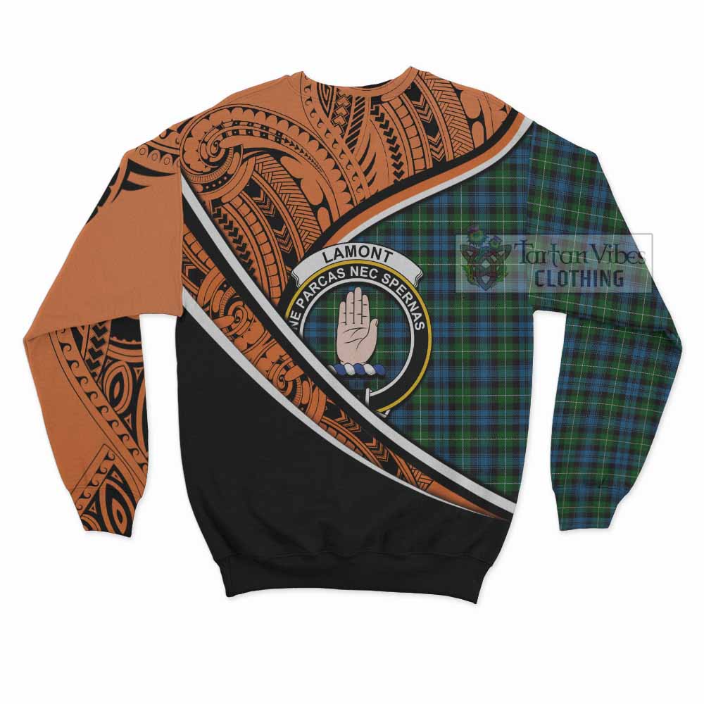 Tartan Vibes Clothing Lamont Crest Tartan Sweatshirt with Maori Tattoo Style - Orange Version