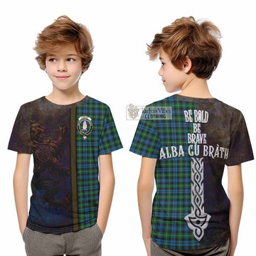 Lamont Tartan Family Crest Kid T-Shirt Alba Gu Brath Be Brave Lion Ancient Style - Tartan Vibes Clothing