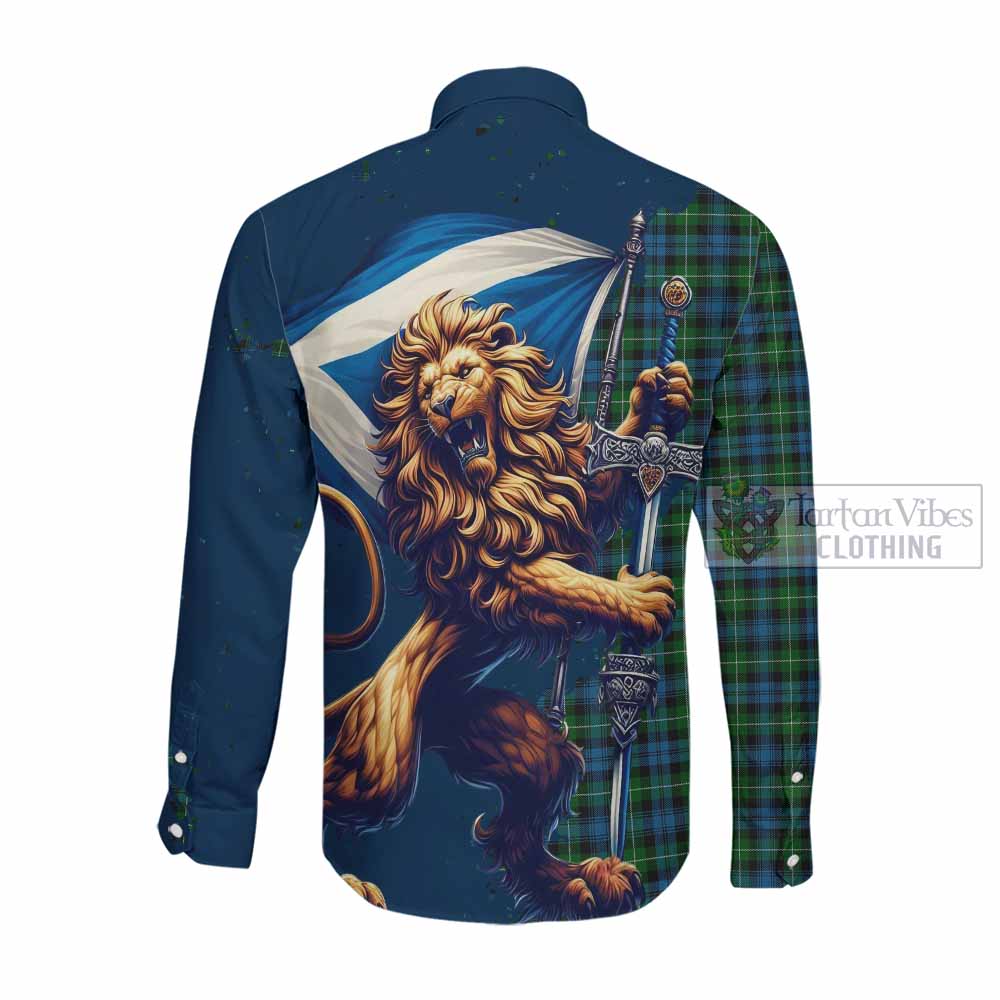 Tartan Vibes Clothing Lamont Tartan Family Crest Long Sleeve Button Shirt with Scottish Majestic Lion