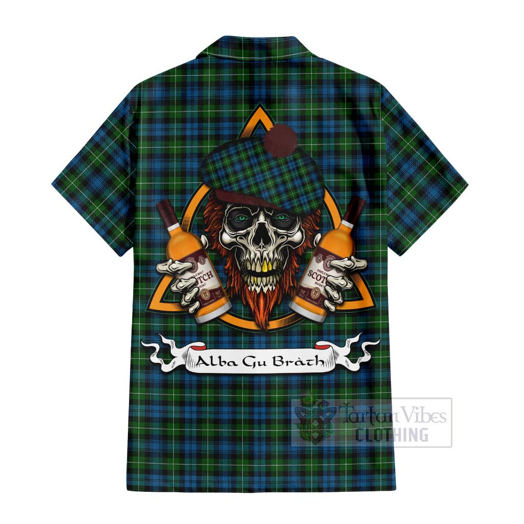 Tartan Vibes Clothing Lamont Tartan Short Sleeve Button Shirt with Family Crest and Bearded Skull Holding Bottles of Whiskey