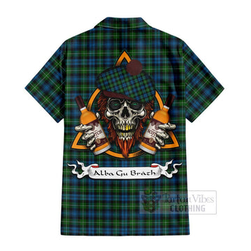 Lamont Tartan Short Sleeve Button Shirt with Family Crest and Bearded Skull Holding Bottles of Whiskey