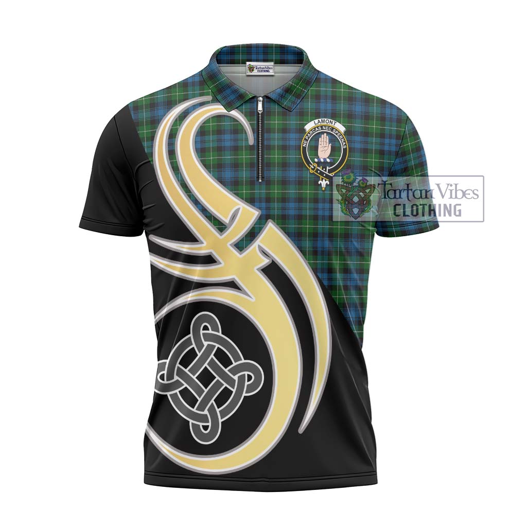 Tartan Vibes Clothing Lamont Tartan Zipper Polo Shirt with Family Crest and Celtic Symbol Style