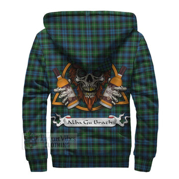 Lamont Tartan Sherpa Hoodie with Family Crest and Bearded Skull Holding Bottles of Whiskey