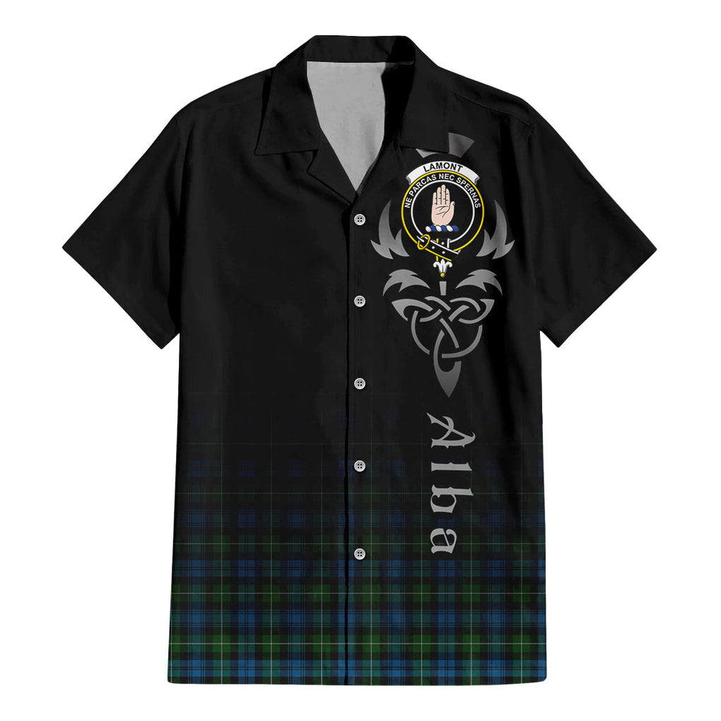 Tartan Vibes Clothing Lamont Tartan Short Sleeve Button Up Featuring Alba Gu Brath Family Crest Celtic Inspired